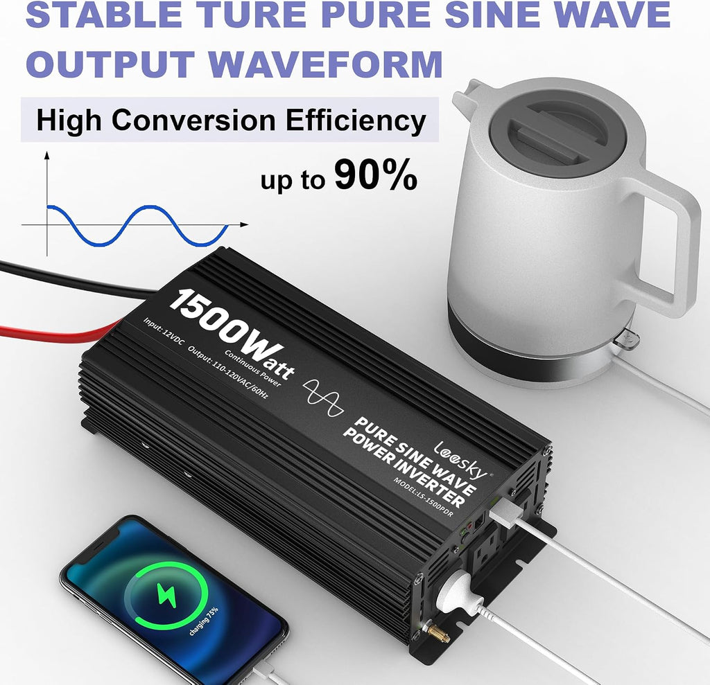 1500W Pure Sine Wave Power Inverter 12V DC to 110V 120V AC with UL Listed Fuses Compatible with Lithium Battery Starlink for Car Off-Grid Solar Home RV Truck with 15FT Battery Monitor Remote by LEESKY