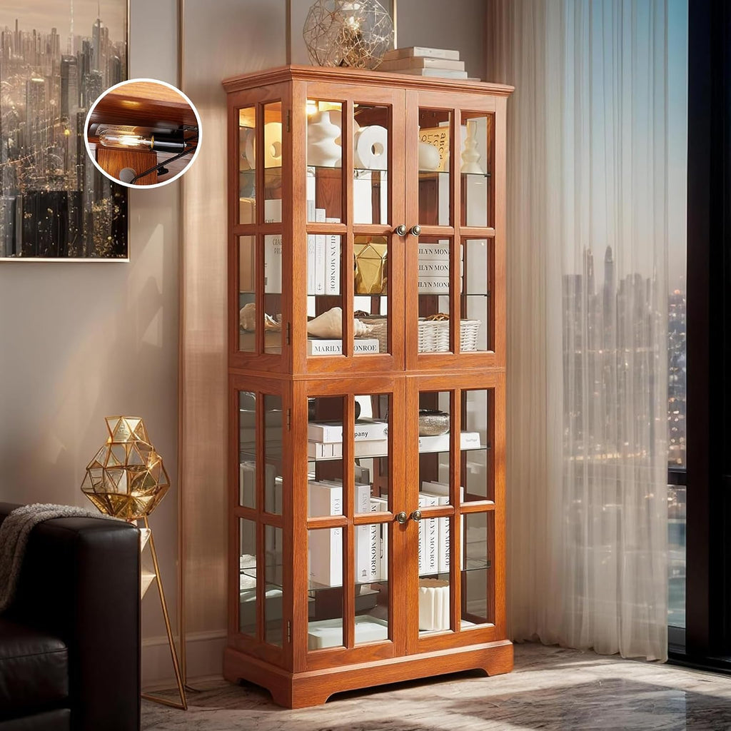 Glass Display Cabinet, 69' H Curio Cabinet with Adjustable Shelves and 4 Glass Doors, Light Bulb Included, Elegant Antique Showcase, Rack for Living Room/Home Office (Dark Oak)
