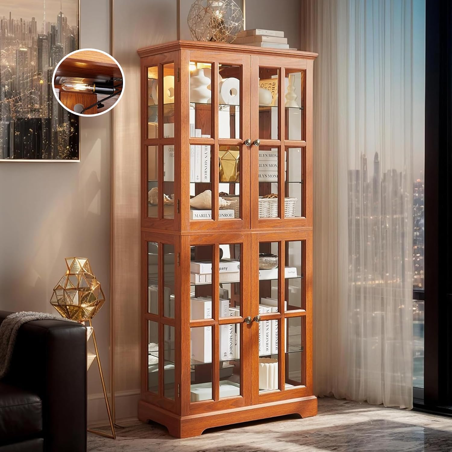 Glass Display Cabinet, 69' H Curio Cabinet with Adjustable Shelves and 4 Glass Doors, Light Bulb Included, Elegant Antique Showcase, Rack for Living Room/Home Office (Dark Oak)