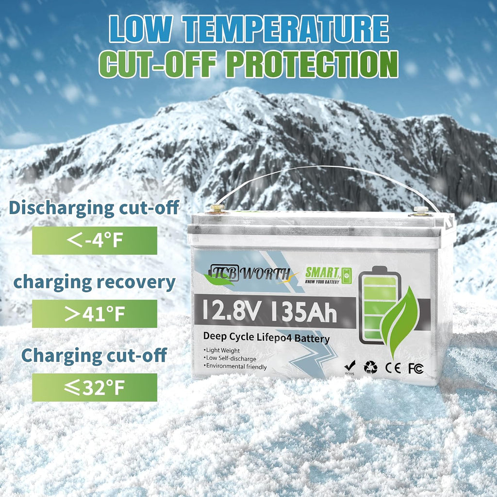12V Lithium Battery 135Ah Bluetooth, Rechargeabel Deep Cycle LiFePO4 Batteries, 100A Smart BMS with Low-Temp Protection, Perfect for RV, Solar, Boat, Marine, Trolling Motor