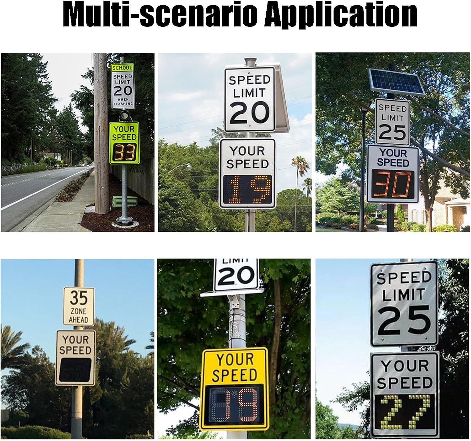 Speed Display Radar Traffic Sign, 20'x27'/24'x35' Solar Speed Radar Feedback Sign Road Safety Speed Limit Detector with Accessories, Adjustable Miles and Kilometers, White(50 * 70cm)