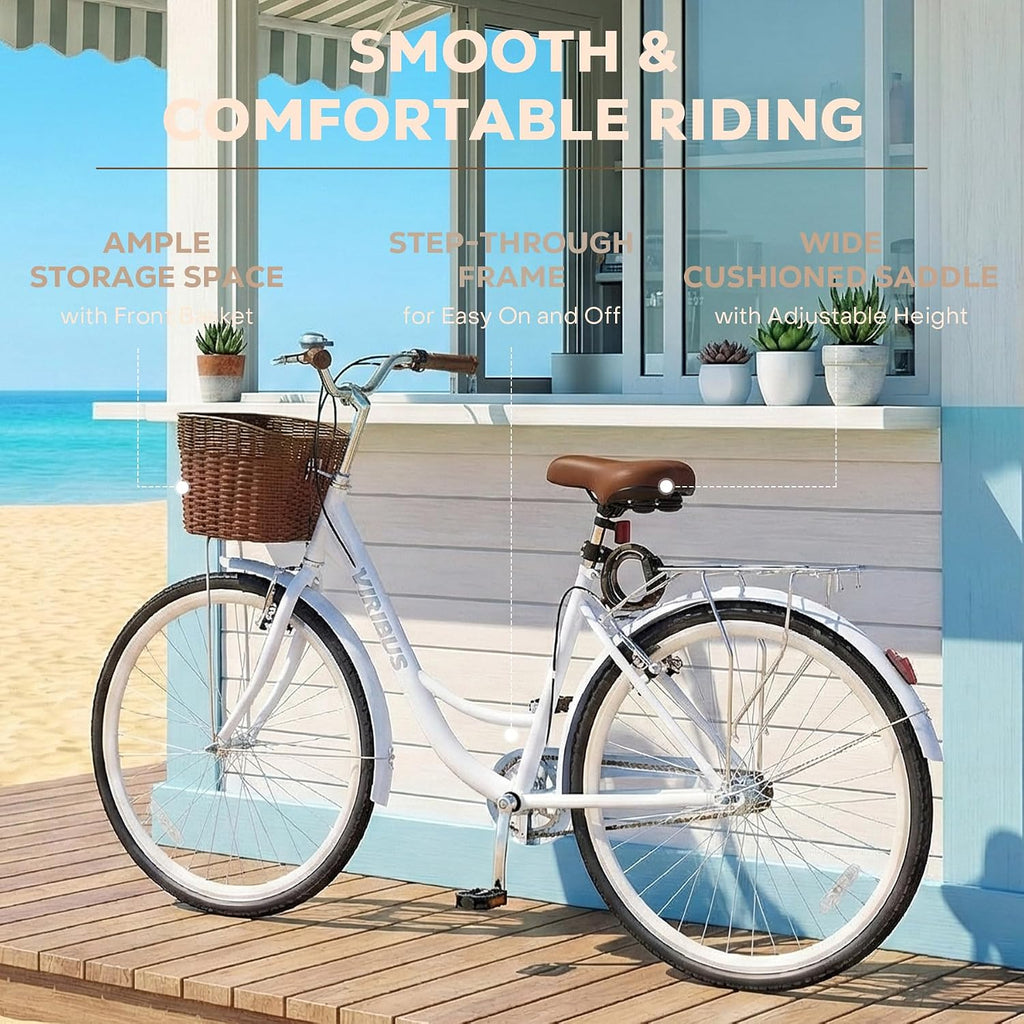 VIRIBUS Beach Cruiser Bike for Women, Single Speed Womens Bike with Basket & Rack 24 26 inch, Retro Step Through Cruiser Bicycle for Petite Short Women Female Ladies City Commuter, 330 lb.