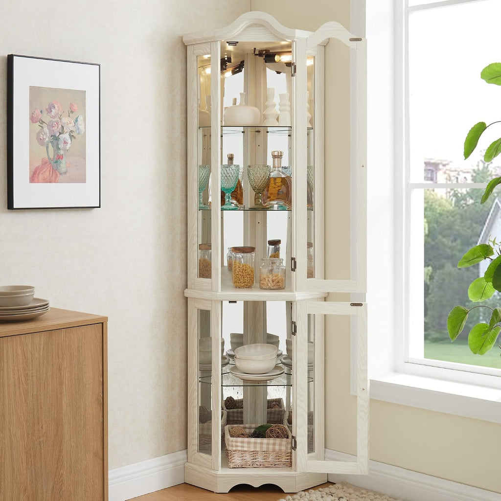 70' Lighted Corner Curio Cabinet,Inside Mirror Corner Glass Display Case with Tempered Glass Door for Living Room, Antique Collectibles, Wine & Bar Glass Storage, Lights Included