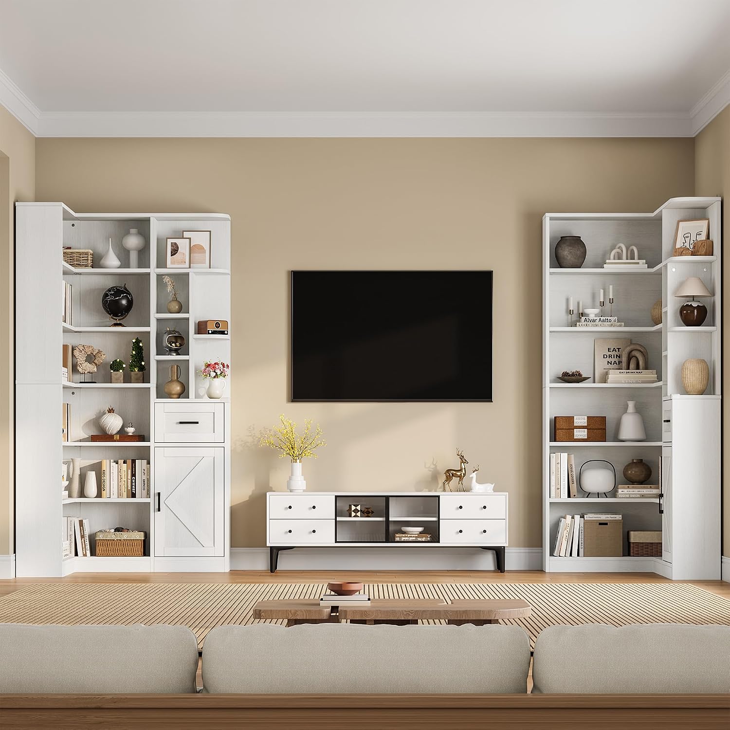 Garvee 74'' Tall Corner Bookshelf - 6-Tier Book Shelf with Drawer and Cabinets, l-Shaped Bookcase Open Storage Shelves Modern Display Shelf for Home, Office