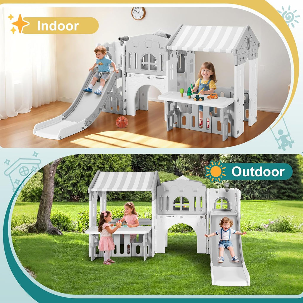 JOYLDIAS 9 in 1 Toddler Slide, Freestanding Kid Climber Slide Playset, Toddler Playhouse with Slide, Basketball Hoop and Climbing Frame, Indoor Outdoor Backyard Playground Toy for Toddlers Age 1-3+