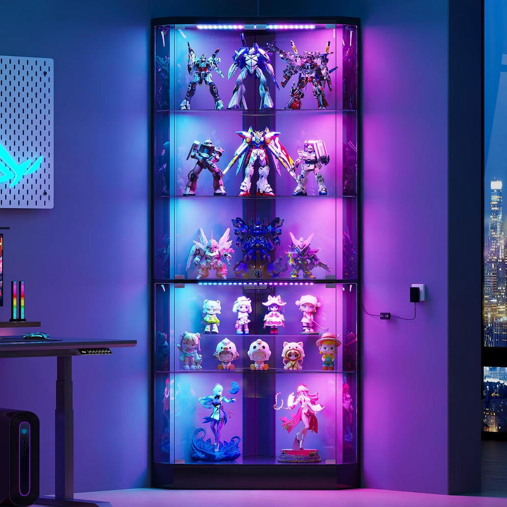 HNEBC Corner Display Case with - RGB Lights and Glass Shelves,5-Tier Corner Curio Cabinet with Glass Doors & Human Body Sensor,69' Showcase Display Cabinet for Collectibles,Living Room(Black)