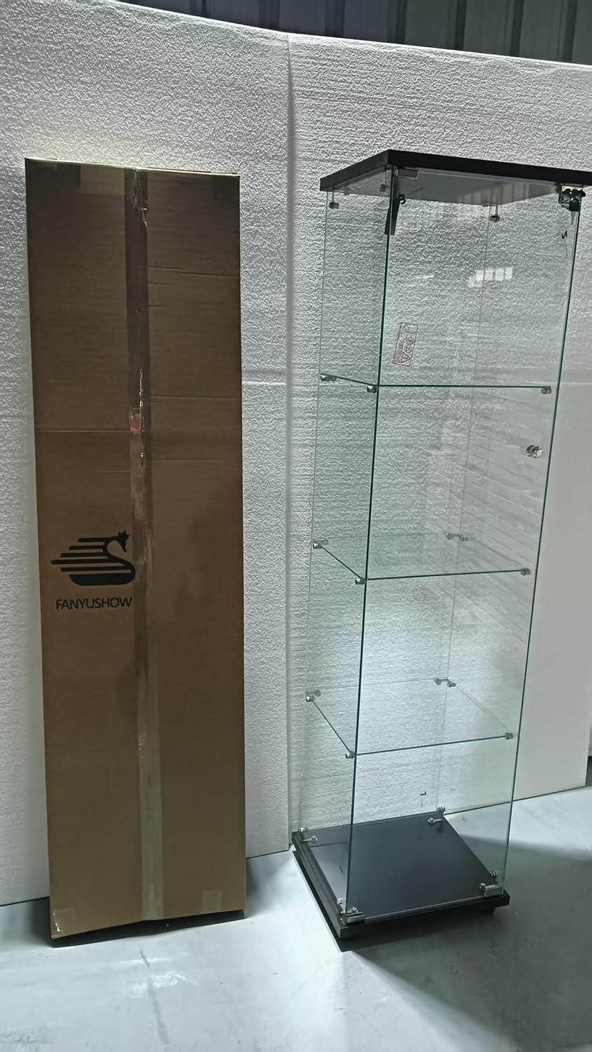 FANYUSHOW Display Cabinet with Glass Door and LED Light, 4-Tier Tempered Glass Display Shelf, Glass Curio Cabinet Collection Display Case, Display Case Cabinet, White 64.7' H x 16.7' L x 14.37' W