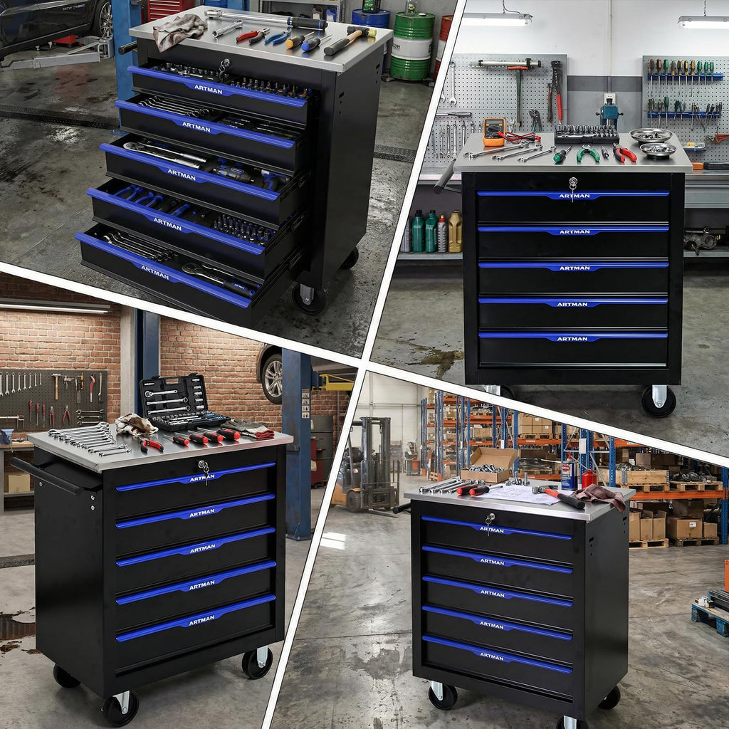 5-Drawer Rolling Tool Chest with Stainless Steel Countertop,Tool Chest with Secure Locking System,Mobile Storage Tool Cabinet with 360°Wheels and Padded Feet,for Home,Garage (Black+Blue)