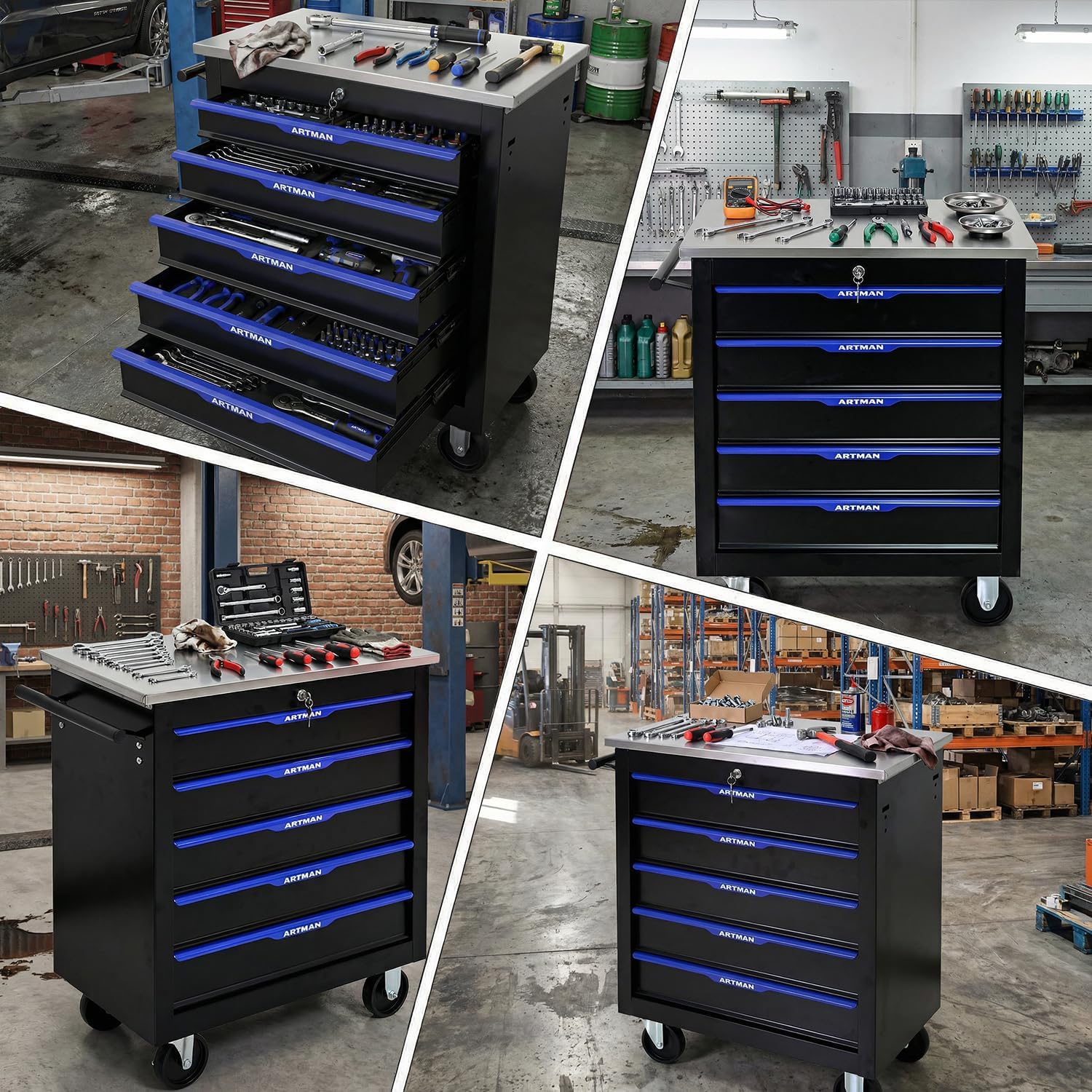 5-Drawer Rolling Tool Chest with Stainless Steel Countertop,Tool Chest with Secure Locking System,Mobile Storage Tool Cabinet with 360°Wheels and Padded Feet,for Home,Garage (Black+Blue)