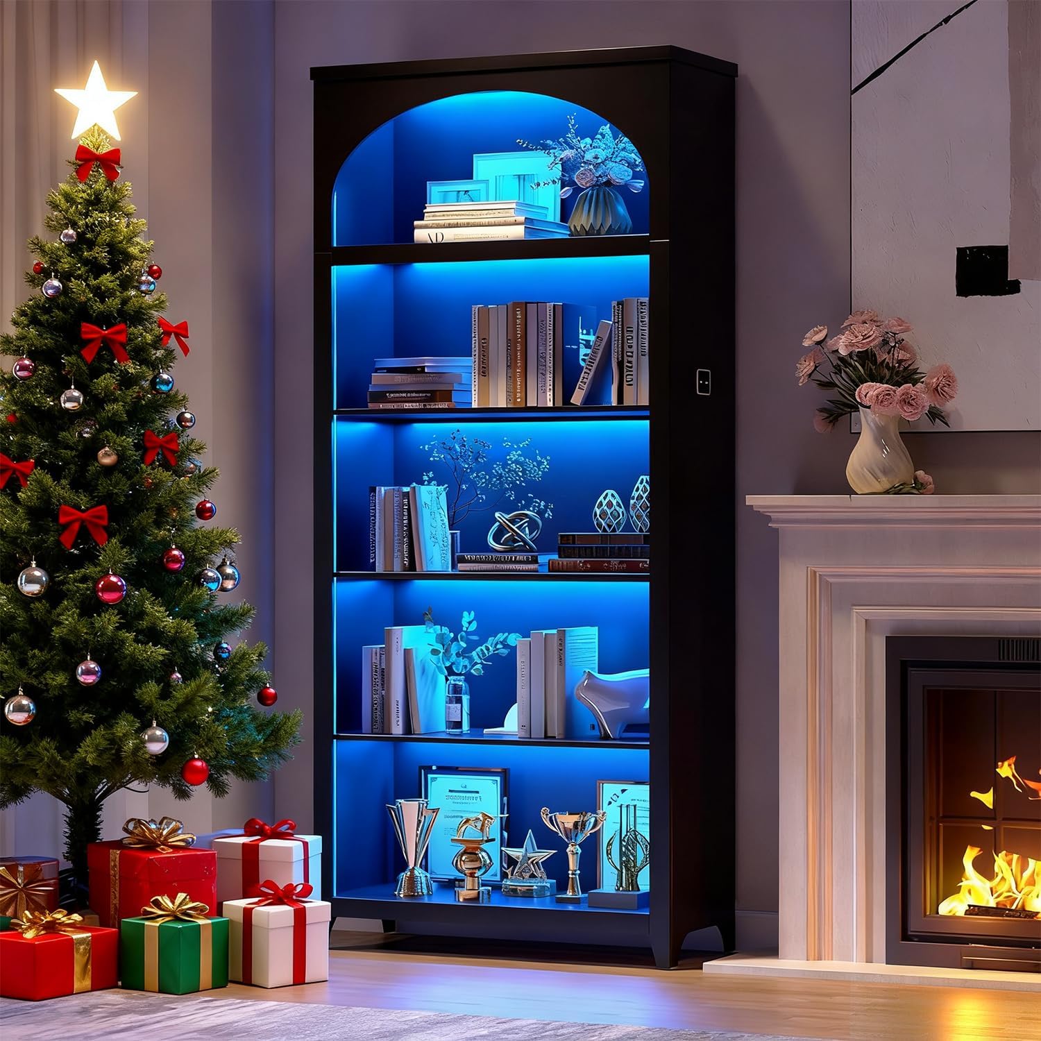 2pc Bookshelf with LED Light, 70' Tall Bookshelves and Bookcases Floor Standing, 5 Tier Book Shelf Wooden Bookcase Multipurpose Bookshelf for Home Office, Living Room -Black