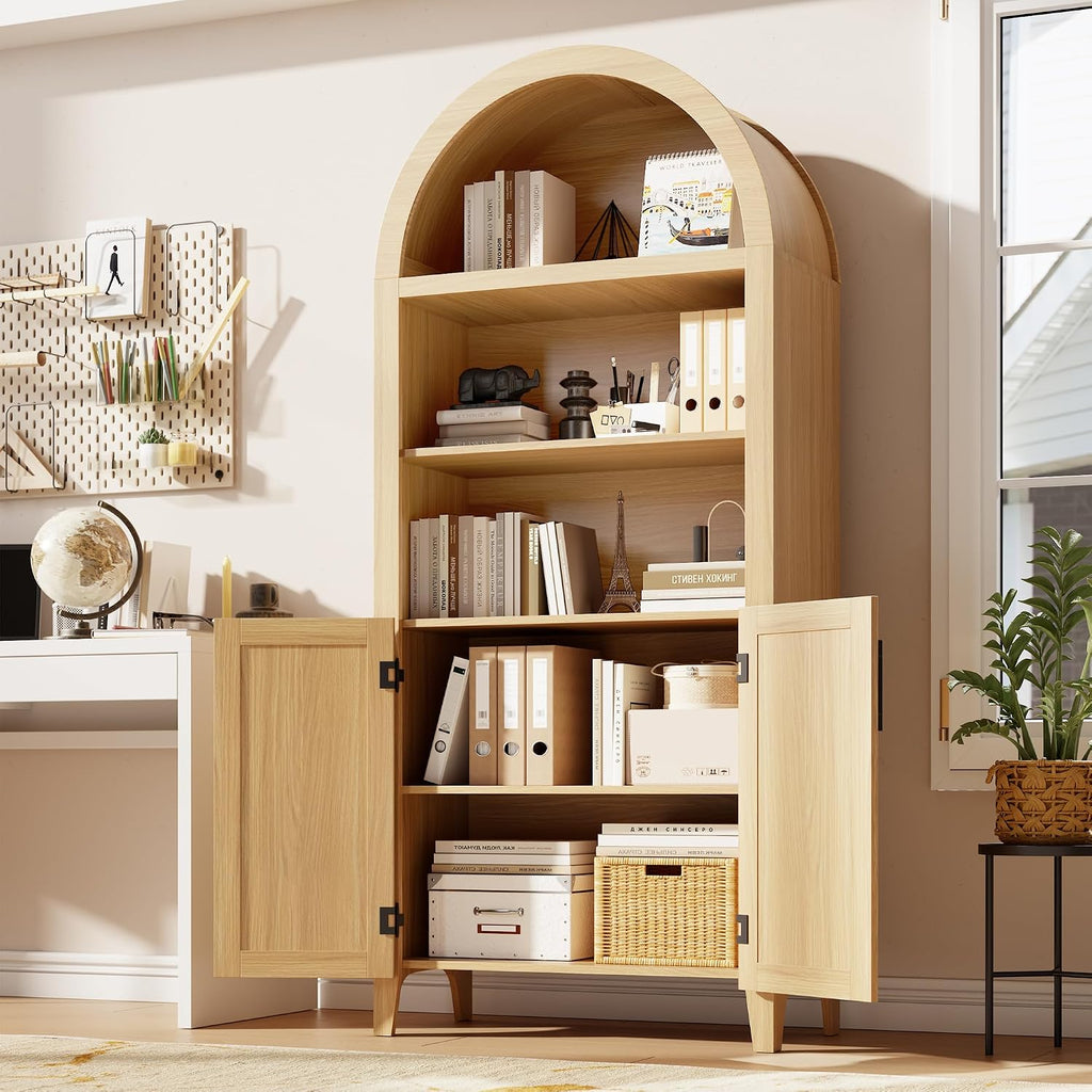 IDEALHOUSE Arched Kitchen Pantry Cabinet with Doors - 5-Tier Open Display Shelf with Rattan Decor, Farmhouse Storage Cabinet for Kitchen, Dining Room, Living Room, Natural