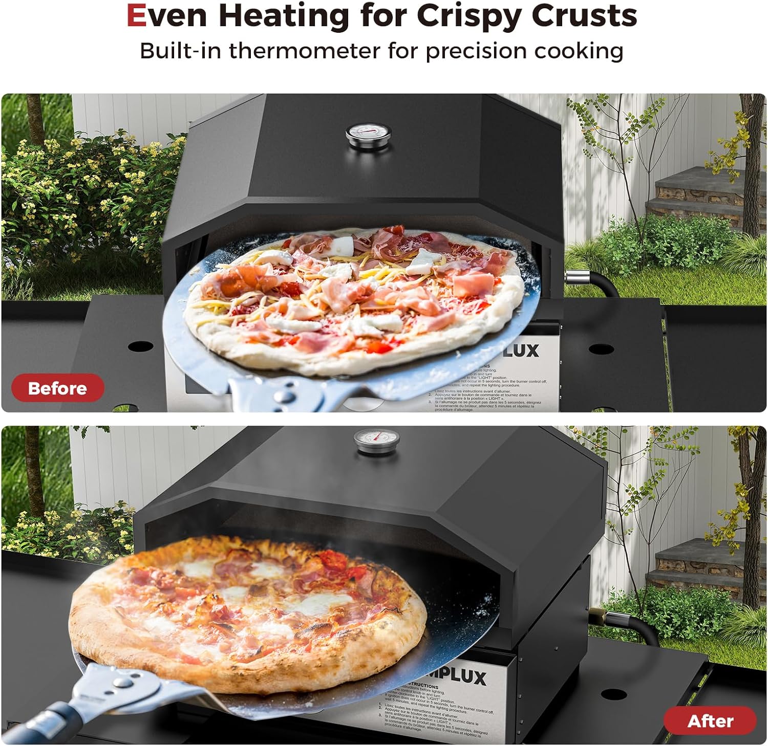CAMPLUX 17 Inches Pizza Oven for Grill with Storage Bag and 14.8'×13' Cordierite Stone, Grill Top Pizza Oven Built-in Thermometer, Compatible with Propane & Charcoal Grill for Crispy Homemade Pizza