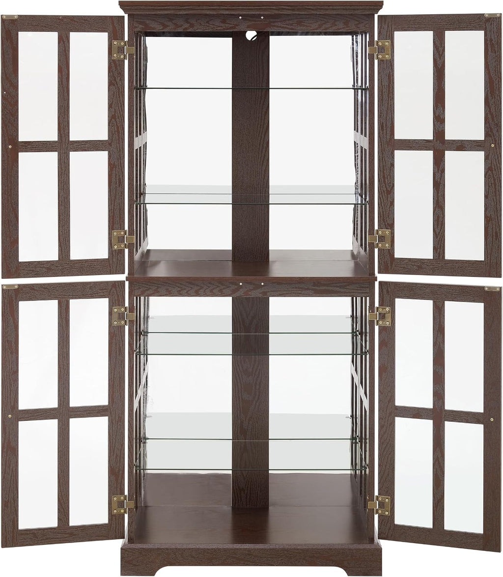 KEIKI Curio Display Cabinet, 68.7' H Lighted Glass Display Cabinet, w/ 4 Glass Doors & Adjustable Shelves, Vintage Showcase with E26 Bulb for Home or Office, Cherry