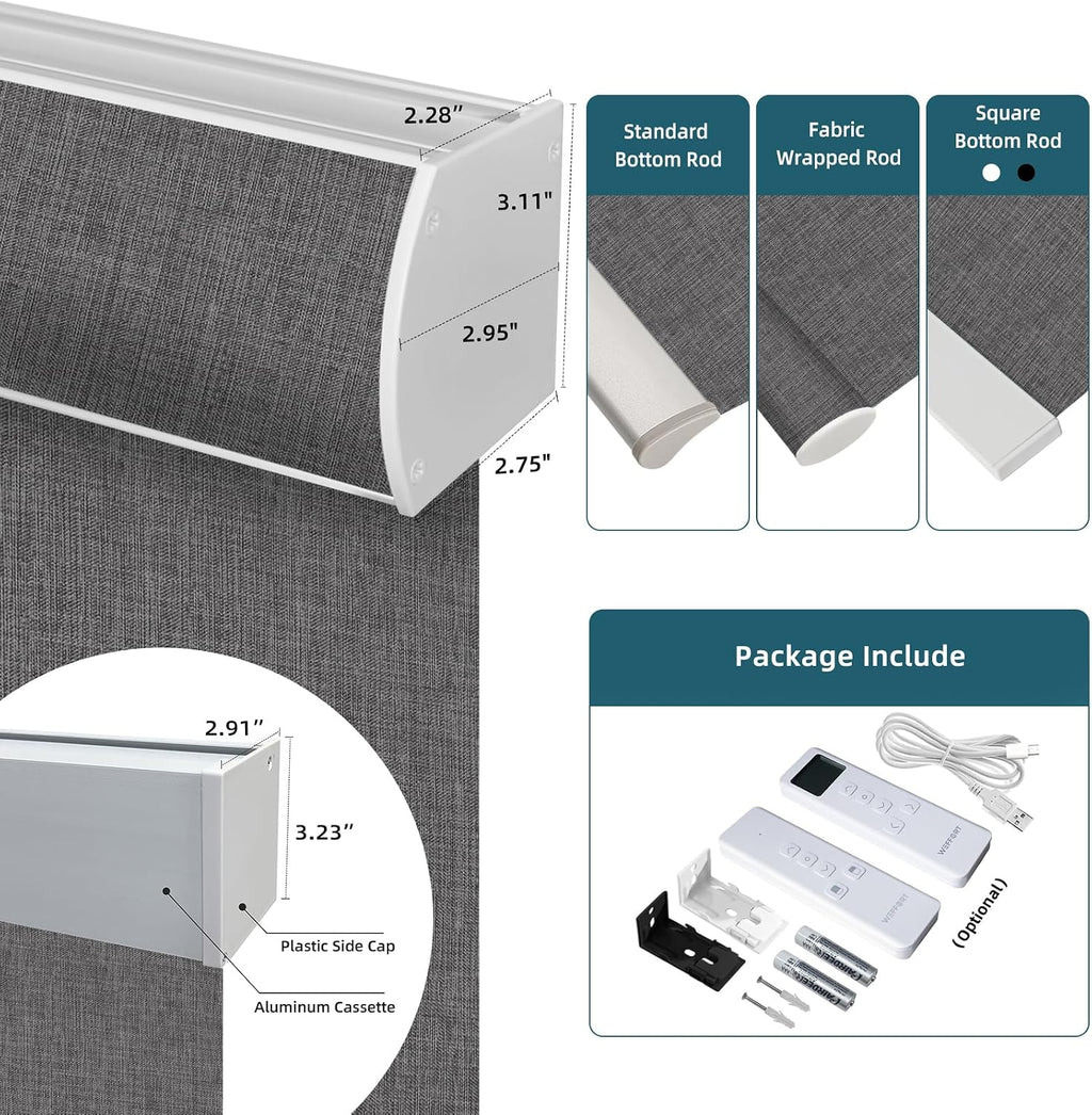Motorized Roller Shade, 100% Electric Blinds with Homekit Motor, Work with Alexa,Google Home, Remote Control, Electric Blinds with USB/Solar Pannel,Custom up110''Wx128''H,Bouvardia Medium Grey
