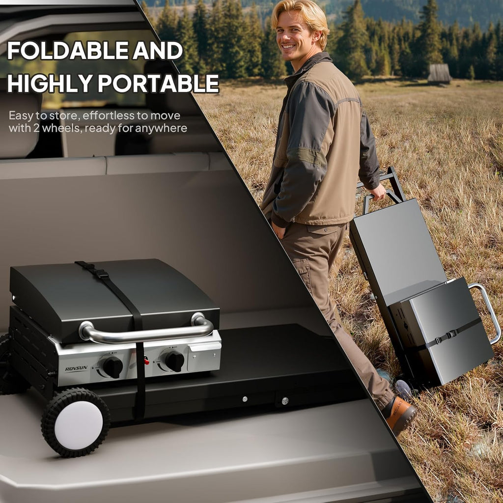 Bonnlo Foldable Flat Top Grill with 2 Burner & Lid, Powerful 20,000 BTU Propane Gas Grills with Ignition, Enamel Griddle, Side Shelf & Portable Cart with Wheels for Outdoor Camping Hibachi Grill Use