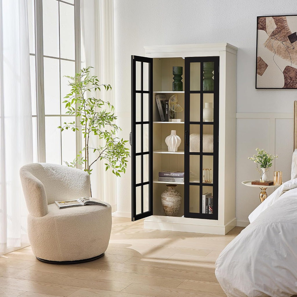 Ball & Cast 71.2' Tall Display Cabinet W/Glass Doors,Curio Cabinet W/Adjustable Shelves&Fixed Shelves for Collectibles,Trophies,Farmhouse Style Cabinets for Hallways,Living Room,Bedroom,White&Black