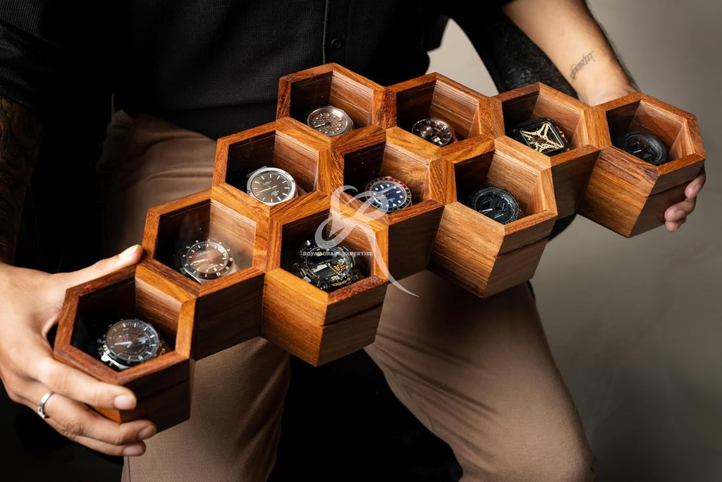 Wooden Watch Box Organizer for Men – 10 Slot Luxury Honeycomb Watch Case | Dark Rosewood Wood & Glass Display Box | Elegant Wooden Timepiece Display Case Boxes for Men – Best Gift for Him