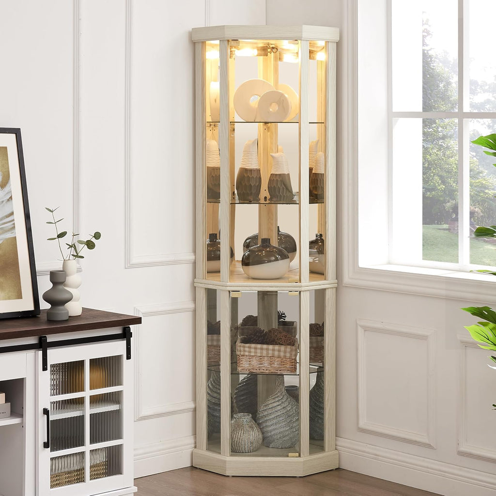 Corner Curio Cabinet, 70' H Lighted Glass Display Cage with Tempered Glass Doors and 5 Adjustable Shelves, Light Bulb Inclued, Wine Bar China Cabinet for Living Room (White)