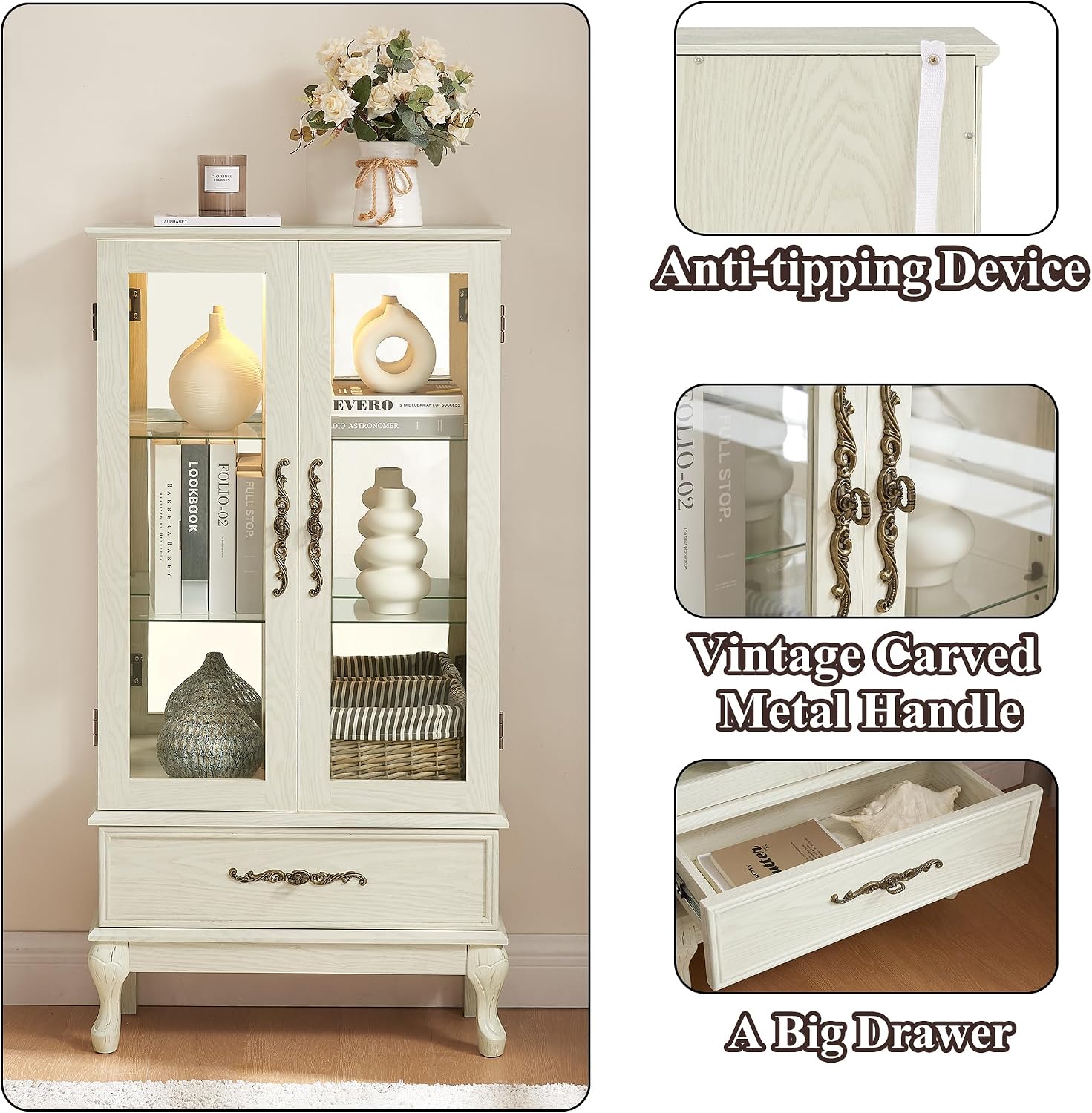 51' H Lighted Curio Cabinet Display Case, Glass Curio Cabinet with Adjustable Shelves,Tempered Glass Door and Drawer, Wooden Cabinets w/Mirrored Back Pane for Living Room (Antique White)