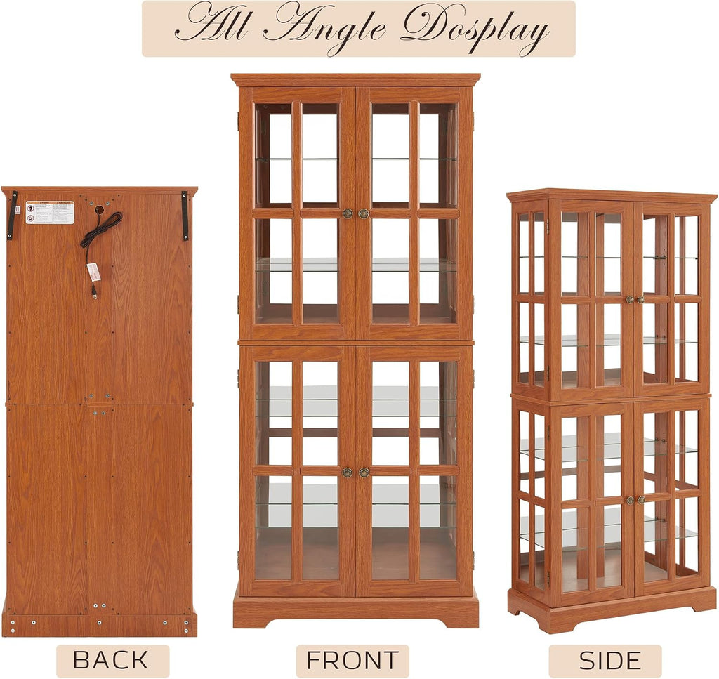 Glass Display Cabinet, 69' H Curio Cabinet with Adjustable Shelves and 4 Glass Doors, Light Bulb Included, Elegant Antique Showcase, Rack for Living Room/Home Office (Dark Oak)