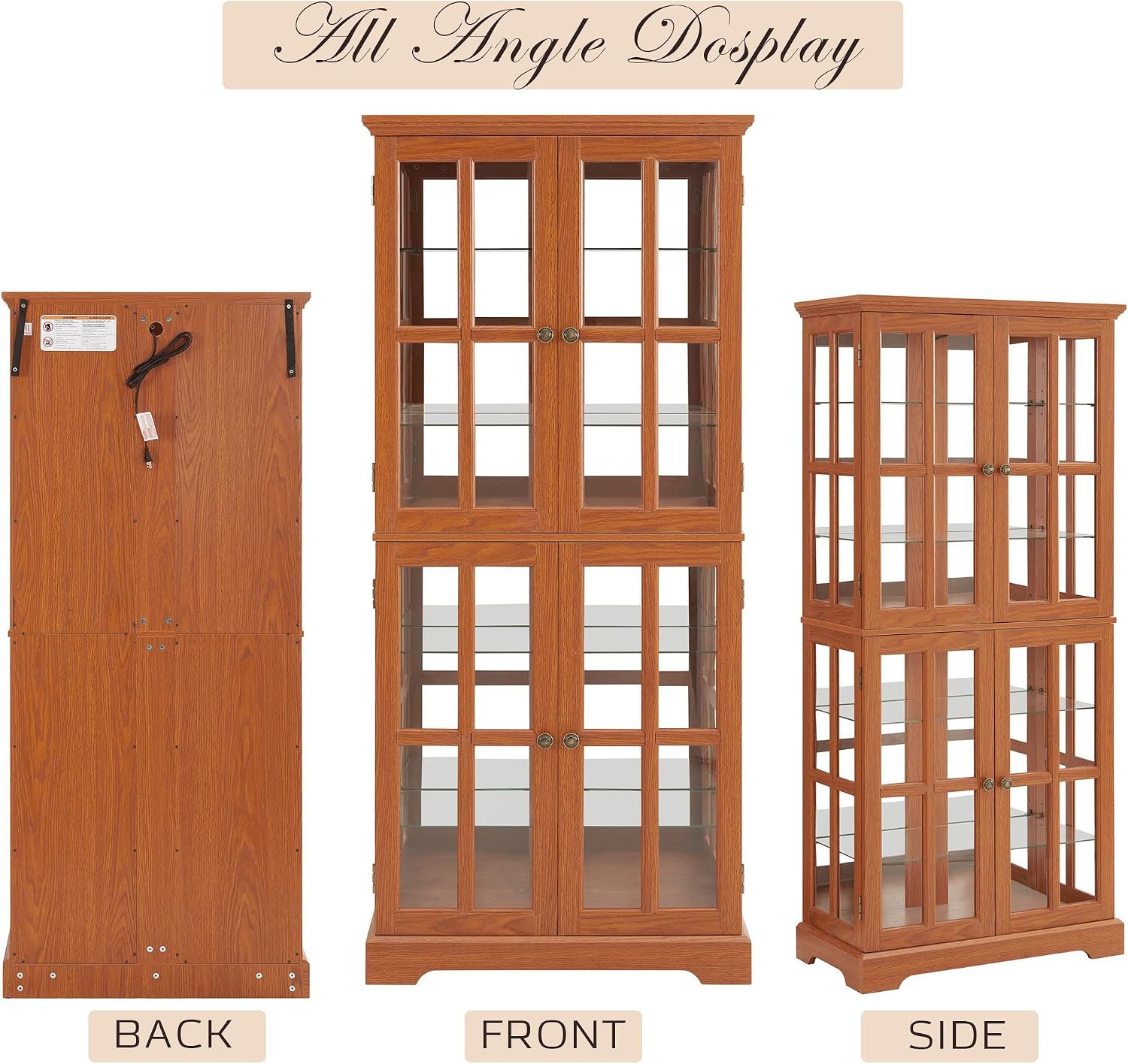 Glass Display Cabinet, 69' H Curio Cabinet with Adjustable Shelves and 4 Glass Doors, Light Bulb Included, Elegant Antique Showcase, Rack for Living Room/Home Office (Dark Oak)