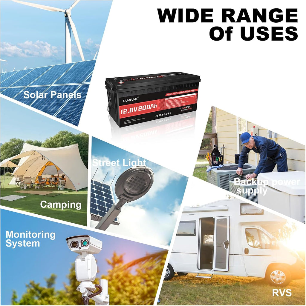 12V 200Ah LiFePO4 Lithium Battery,2560Wh Capacity,Built-in 200A BMS, 15000+ Cycles,10-Year Lifespan, Ideal for RV, Solar Energy Storage,and Off-Grid Camping