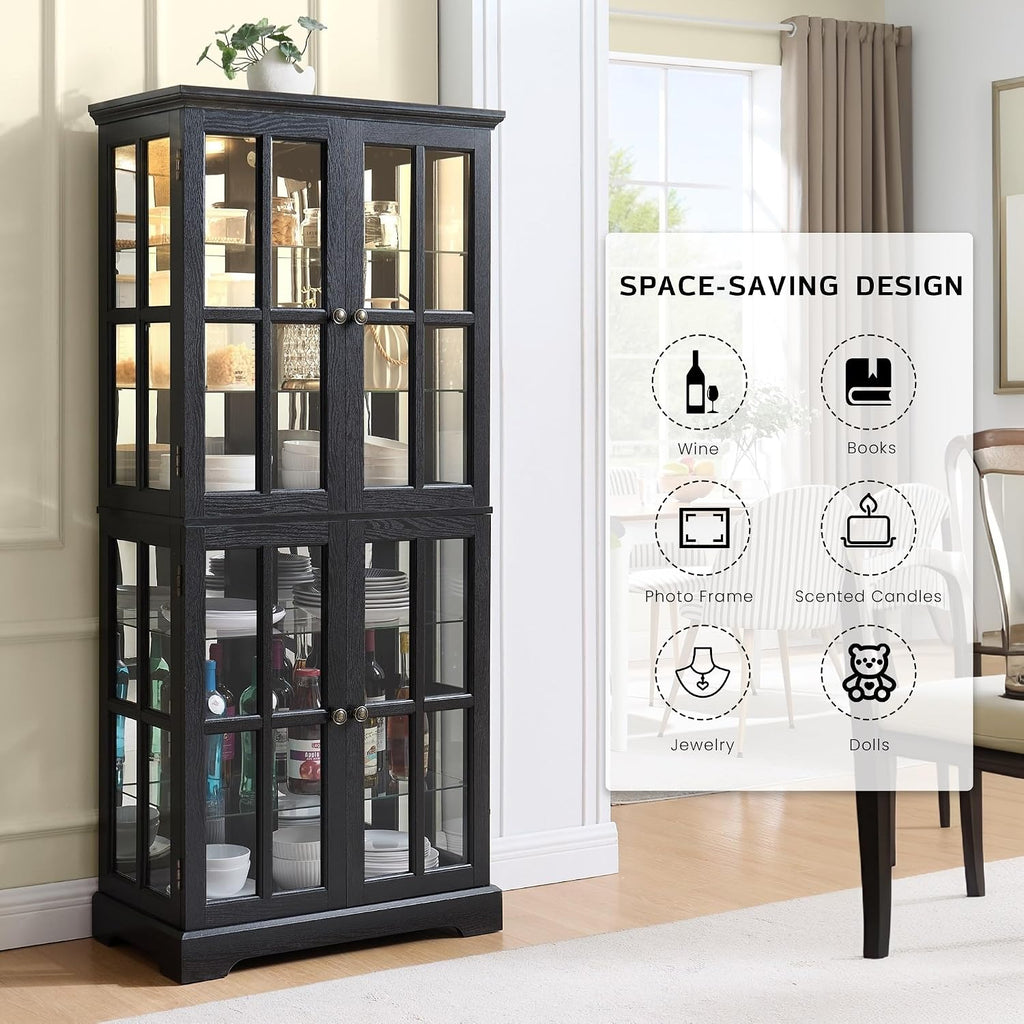 Glass Display Cabinet, 69' H Curio Cabinet with Adjustable Shelves and 4 Glass Doors, Light Bulb Included, Elegant Antique Showcase, Rack for Living Room/Home Office (Black)