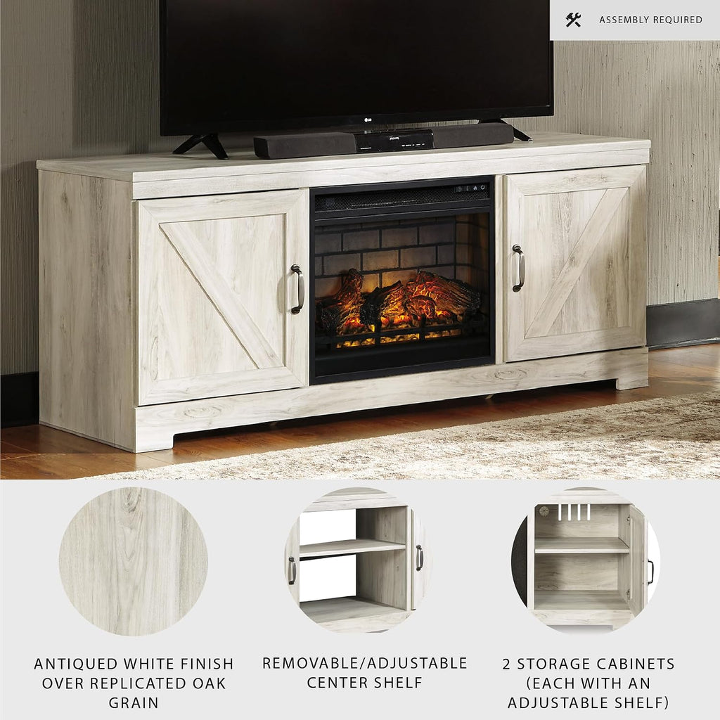 Signature Design by Ashley Bellaby Farmhouse 63' TV Stand with Electric Fireplace for TVs up to 72', Whitewash