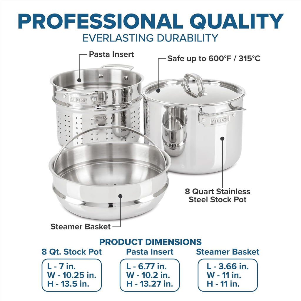 Viking 3-Ply Stainless Steel Pasta Pot with Lid, 8 Quart, 4 Piece Multipot Kitchen Cookware, Includes Pasta Insert and Steamer Basket, Dishwasher and Oven Safe, Induction Ready, Silver