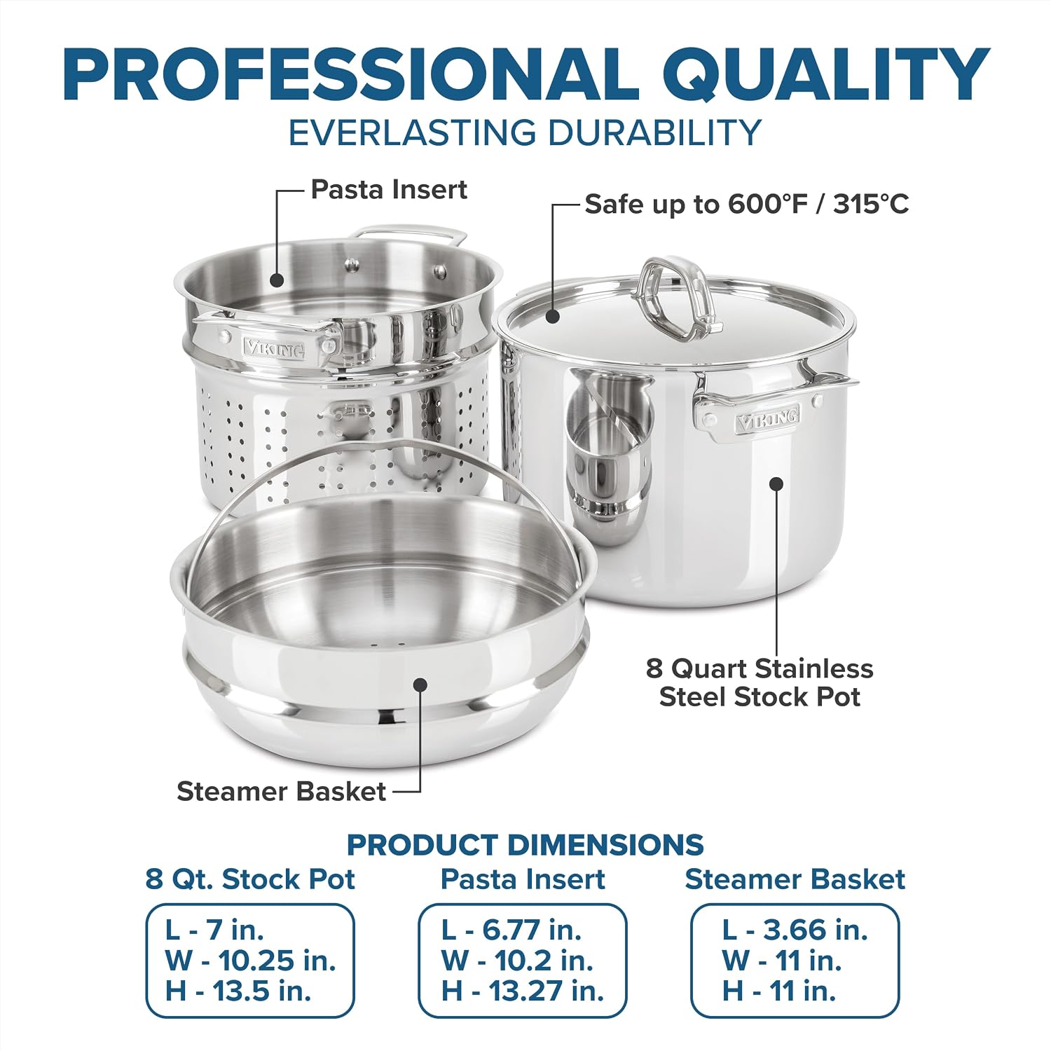 Viking 3-Ply Stainless Steel Pasta Pot with Lid, 8 Quart, 4 Piece Multipot Kitchen Cookware, Includes Pasta Insert and Steamer Basket, Dishwasher and Oven Safe, Induction Ready, Silver