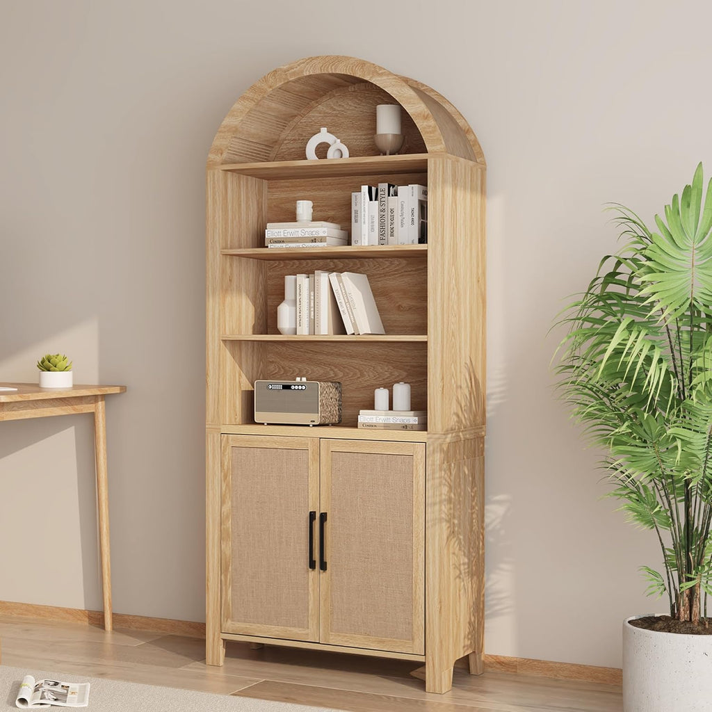 Janmer Home 71' Tall Arched Bookcase with Storage, Mid-Century Modern 6-Tier Curved Cabinet with Door, Arched Bookshelf Cabinet with Open Display Storage Shelf for Office Living Room (Natural)