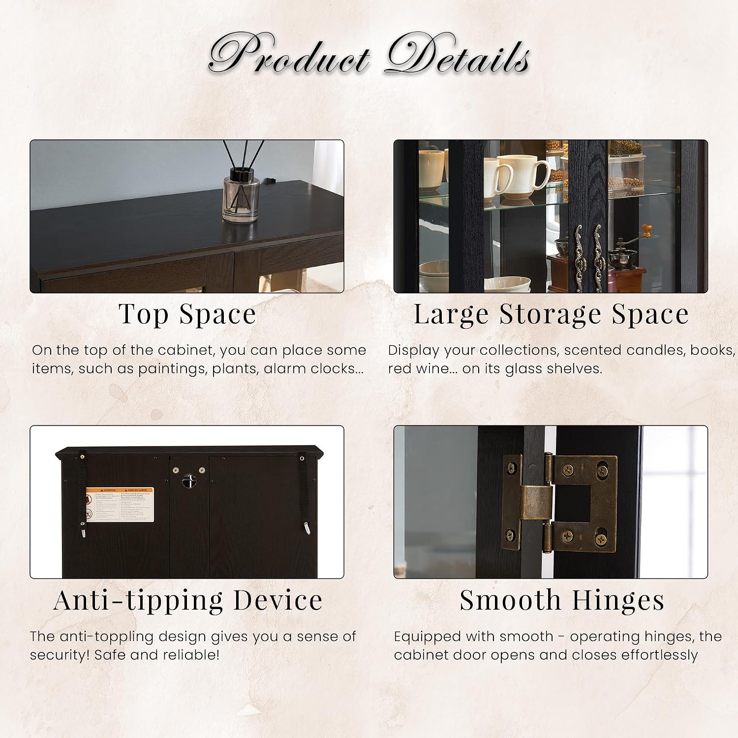 44' Small Lighted Glass Accent Curio Cabinet, Vintage China Cage with 2 Tempered Glass Doors & Adjustable Shelves, Acrylic Mirrored Pane, Elegant Wine Artwork Showcase for Living Room/Kitchen (Black)