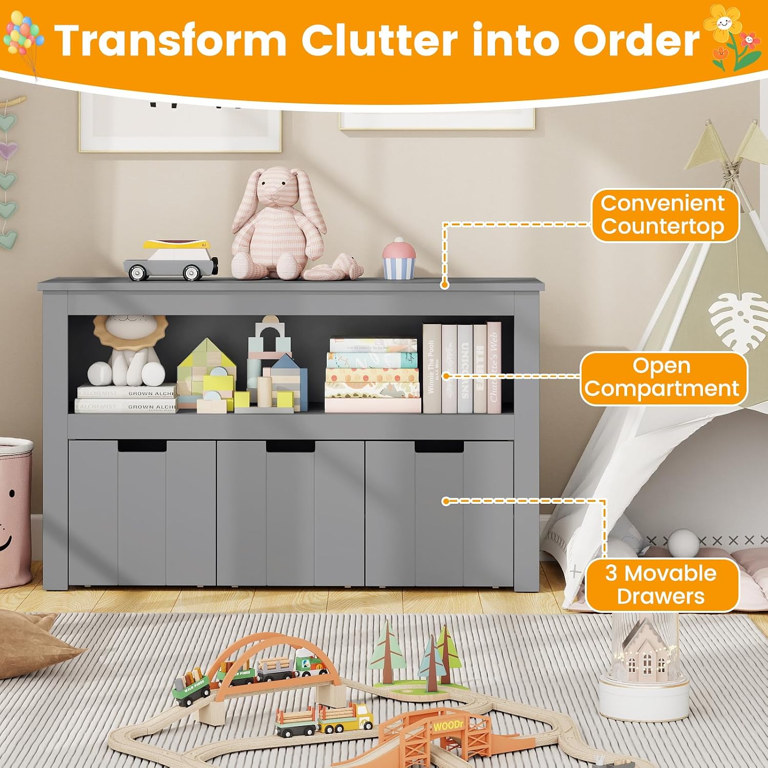 HONEY JOY Kids Toy Storage Organizer, Children Daycare Shelf, 3 Wooden Toy Box w/Wheels, Toddler Classroom Display Cabinet for Playroom, Nursery, Kindergarten (Gray)