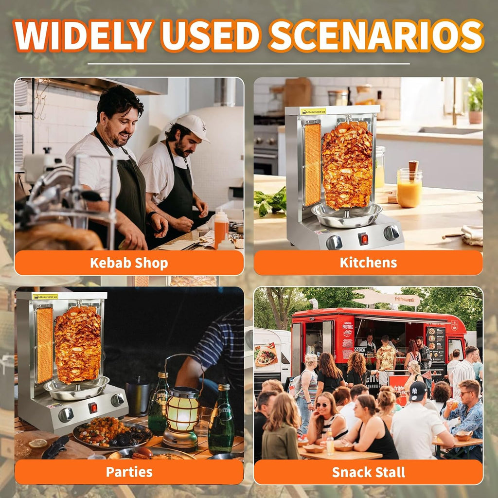 Shawarma Grill Machine - 15 lbs Capacity, Gas Vertical Rotisserie with 2 Burner, Stainless Steel Rotating Doner Kebab Gyro Meat Machine for Home, Kitchen