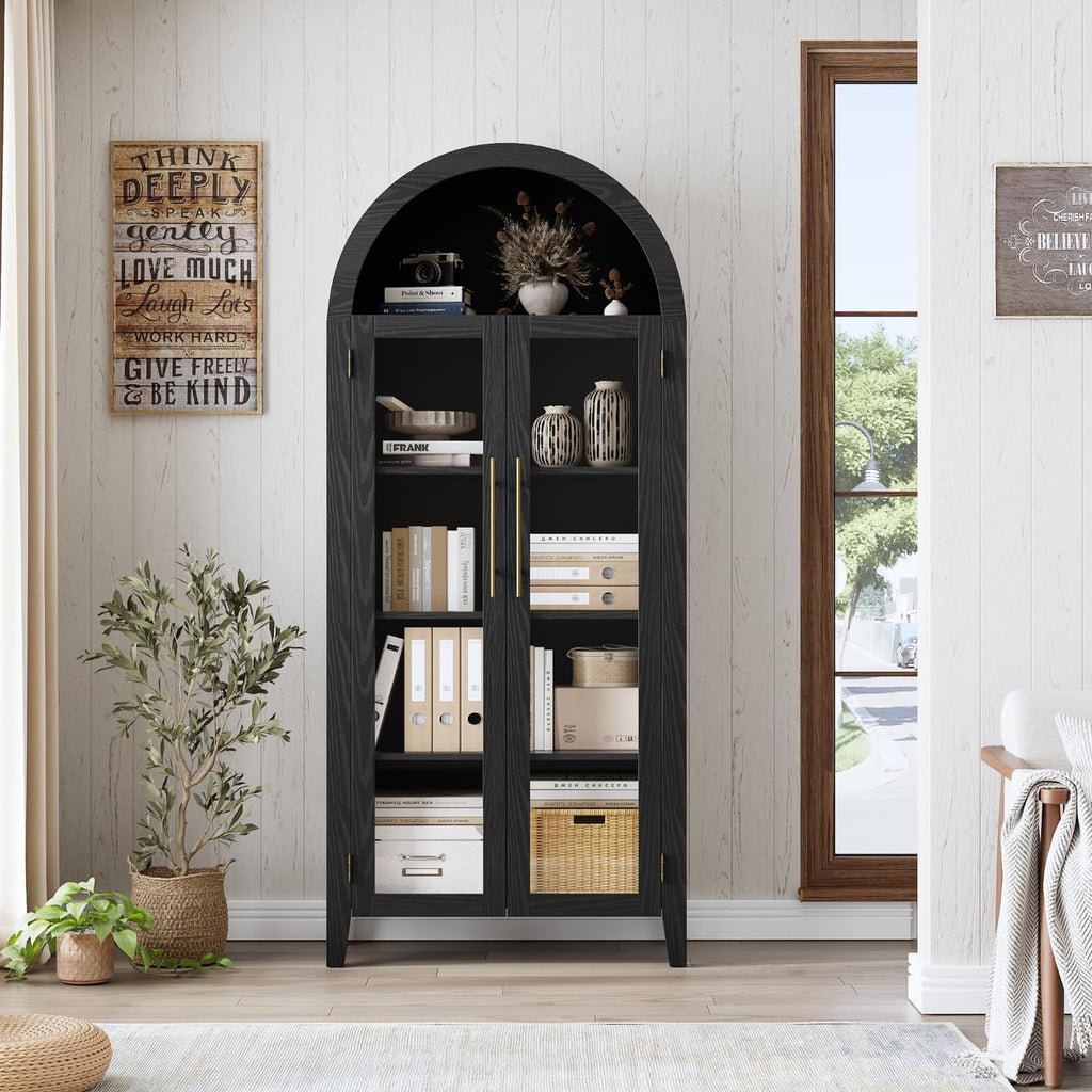 IDEALHOUSE Arched Kitchen Pantry Storage Cabinet - Farmhouse 5-Tier Display Shelf with 2 Large Glass Doors and Adjustable Shelf, Versatile Cupboard for Kitchen, Dining Room, Living Room, Black