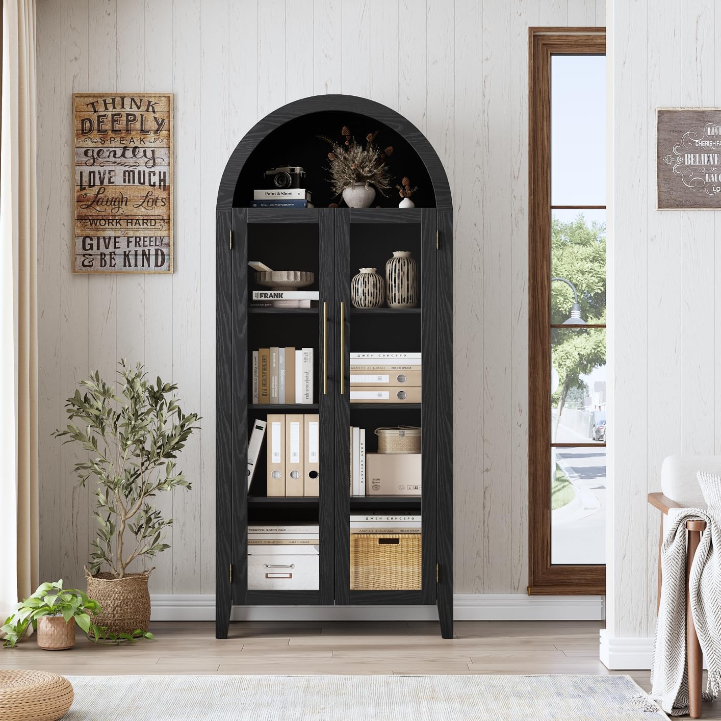 IDEALHOUSE Arched Kitchen Pantry Storage Cabinet - Farmhouse 5-Tier Display Shelf with 2 Large Glass Doors and Adjustable Shelf, Versatile Cupboard for Kitchen, Dining Room, Living Room, Black