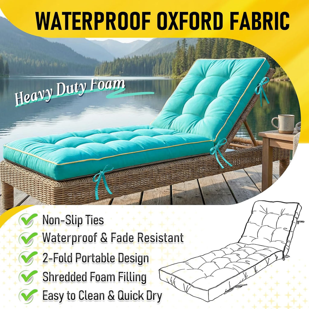 2 Pack 72x21 Inch Folding Chaise Lounge Cushion Quick Dry - Outdoor Sun Lounger Seat Pad with Shredded Foam for Patio Furniture, Deck Chairs, Poolside (Aqua Blue, 72 INCH × 21 INCH-2 Pack)