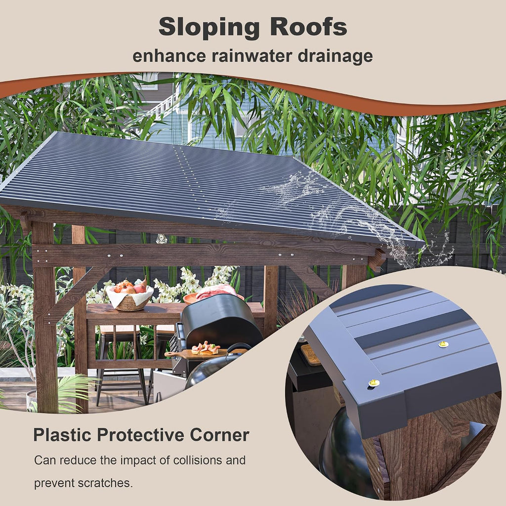 13x6.5ft Wooden BBQ Grill Gazebo with Metal Roof & Bar Counters, Outdoor Pergola with Shelves & Lights for Backyard Patio Poolside