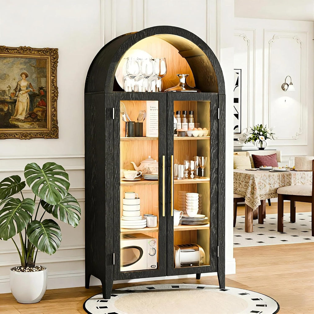 71'H Arched Storage Cabinet with Glass Doors, Modern Display Cabinet with 3 Color Light & Human Body Sensor, 5 Tier Kitchen Pantry Cupboard for Living Room, Dining Room, Black & Oak