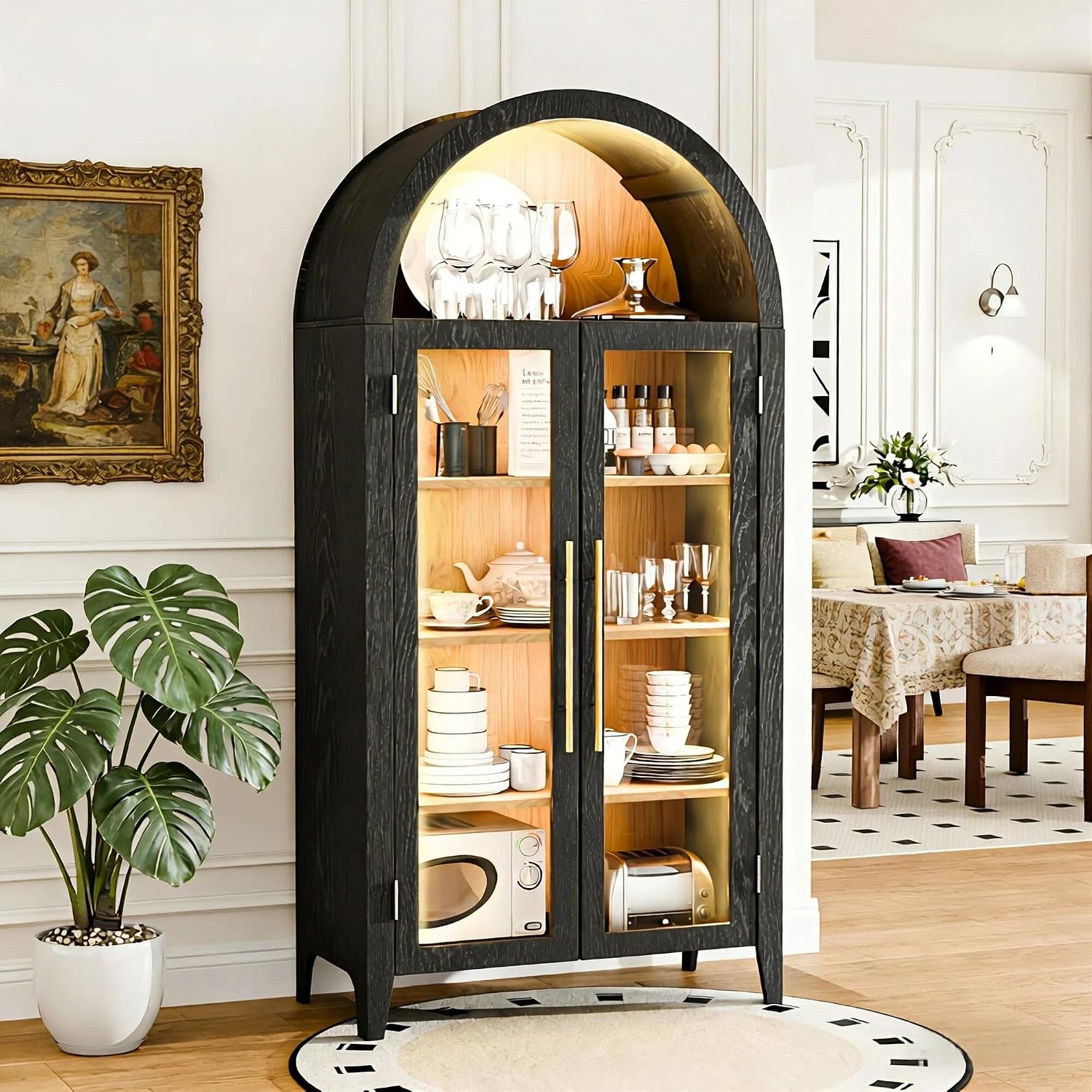 71'H Arched Storage Cabinet with Glass Doors, Modern Display Cabinet with 3 Color Light & Human Body Sensor, 5 Tier Kitchen Pantry Cupboard for Living Room, Dining Room, Black & Oak