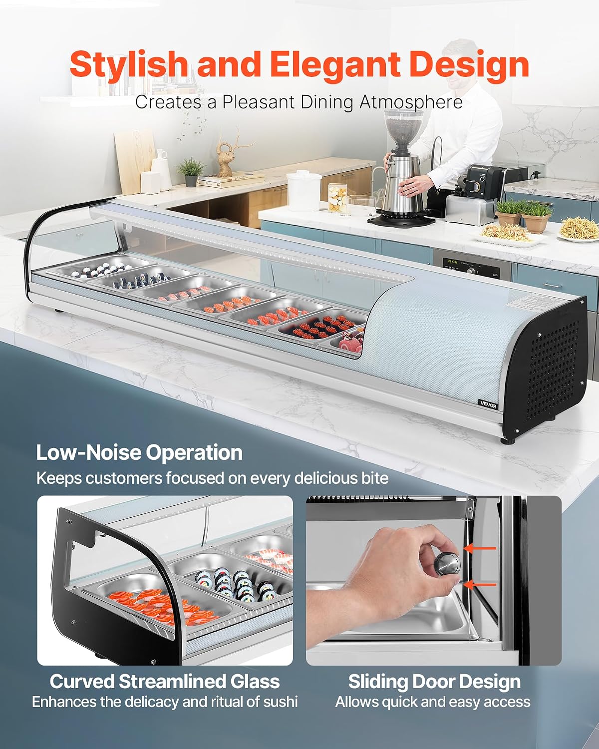 VEVOR Sushi Display Case Refrigerator, 2.5 Cu.ft Commercial Sushi Case, 7-Pan Countertop Showcase with Curved Glass, LED Lighting, and Digital Temperature Control, for Sushi-Bar, Restaurant, Store