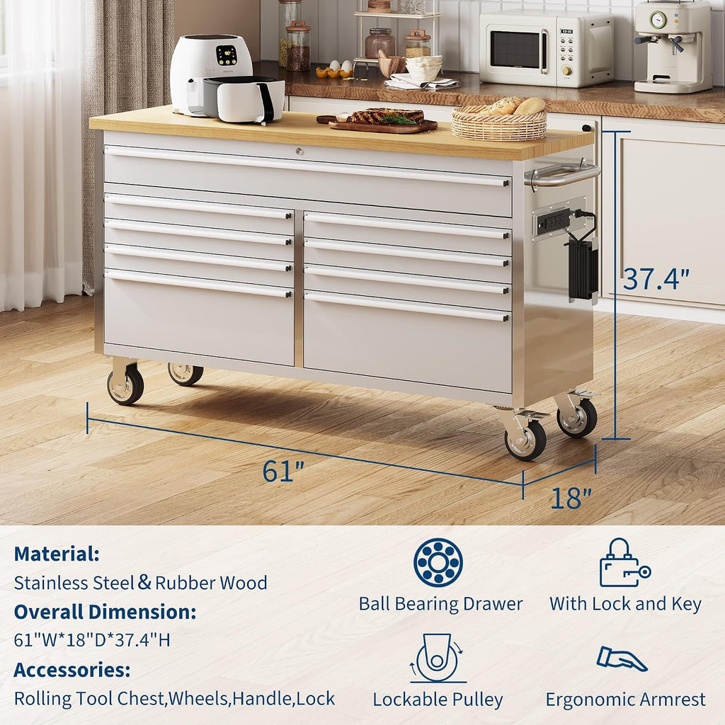 PeakPursuit 61' Rolling Tool Chest with 9 Drawers, Solid Rubber Wood Workbench Top, Locking Wheels & Key Lock, Mobile Garage Tool Cabinet for Workshop Storage & Organization, Silver