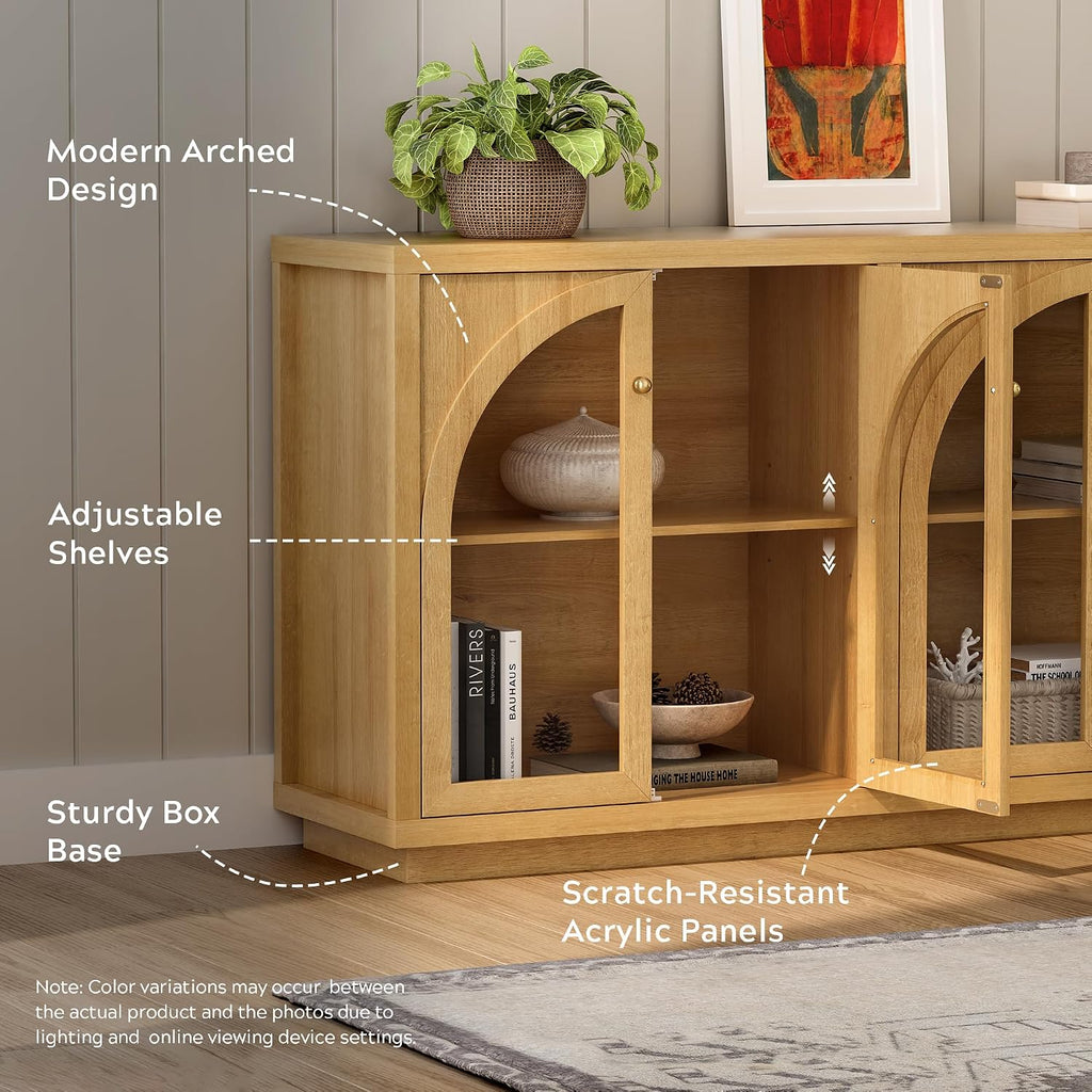 EYYTHUNG Arched Storage Cabinet with 4 Doors Set of 2, Sideboard Buffet Cabinet with Adjustable Shelves and Acrylic Door, Accent Display Cabinet for Living Room, Entryway, Dining Room, Natural Oak