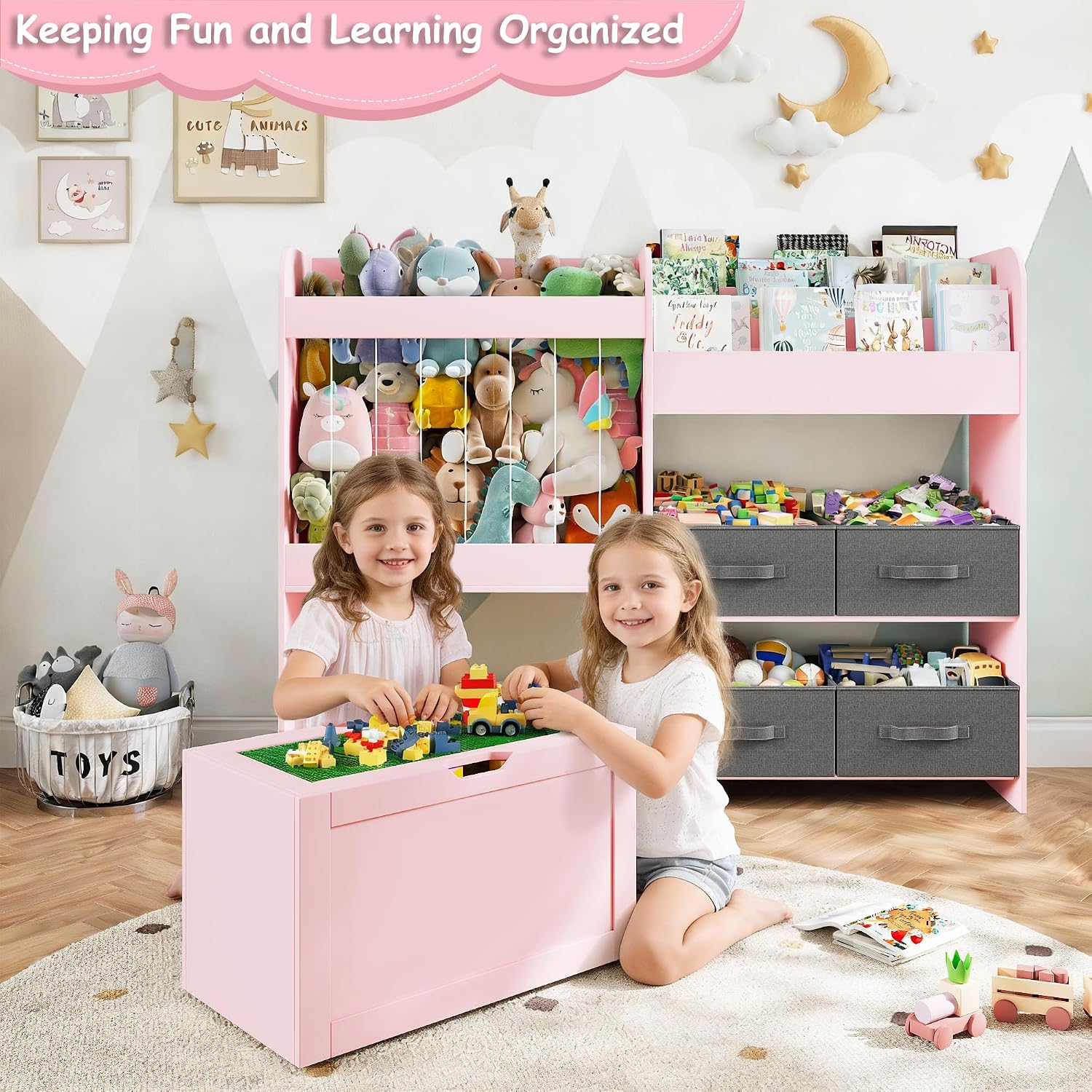 Toy Storage Organizer with Stuffed Animal Storage – Kids Bookshelf with 4 Removable Bins and 1 Movable Toy Box, 3-Tier Bookshelf with Buildable Baseplate Lid for Lego Bricks, Kids Room Playroom (Pink)