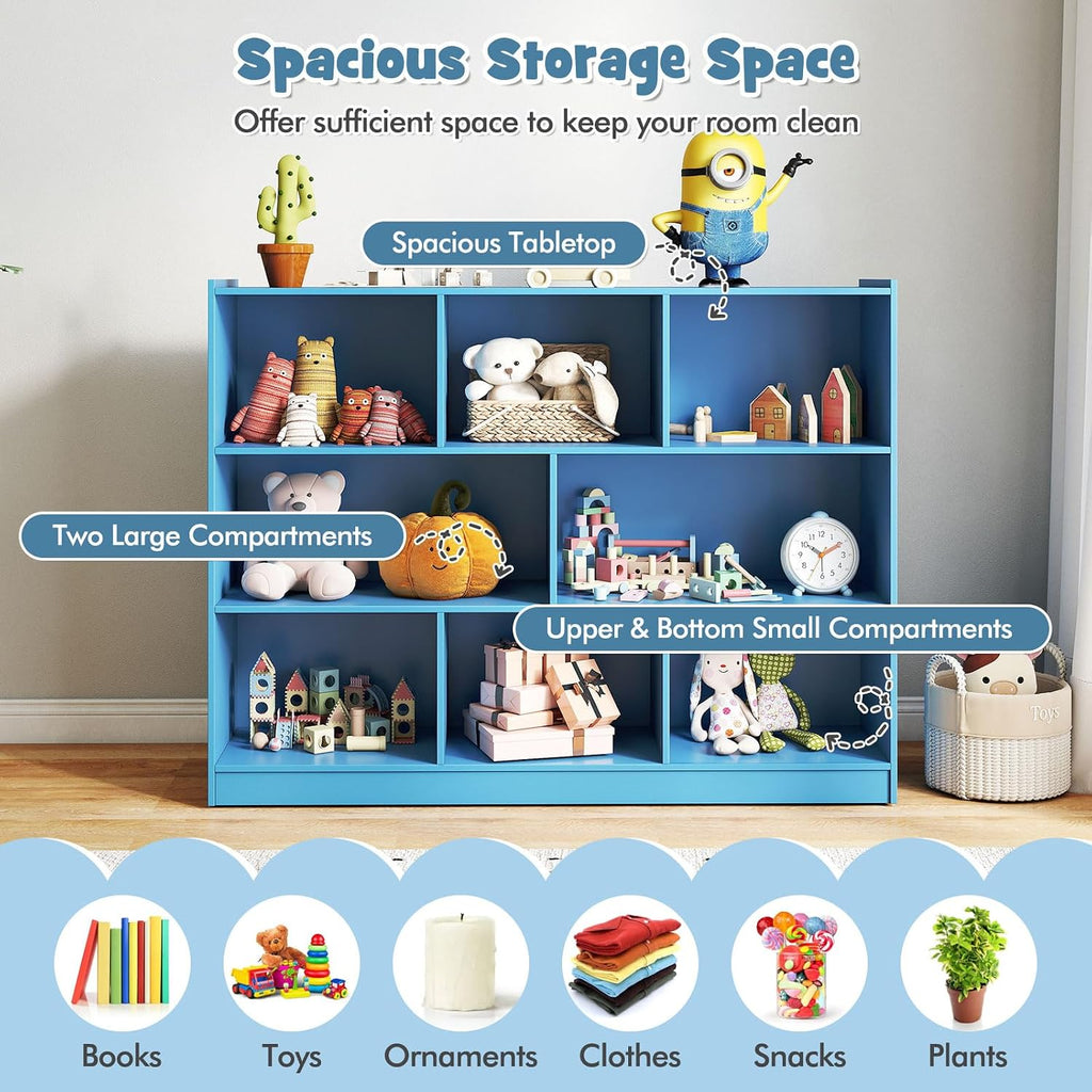 HONEY JOY Kids Toy Storage Organizer, 8-Section Storage Daycare Shelf for Preschool, Children 3-Tier Open Wooden Display Book Shelf Organizer for Classroom, Playroom & Nursery, Kindergarten (Blue)