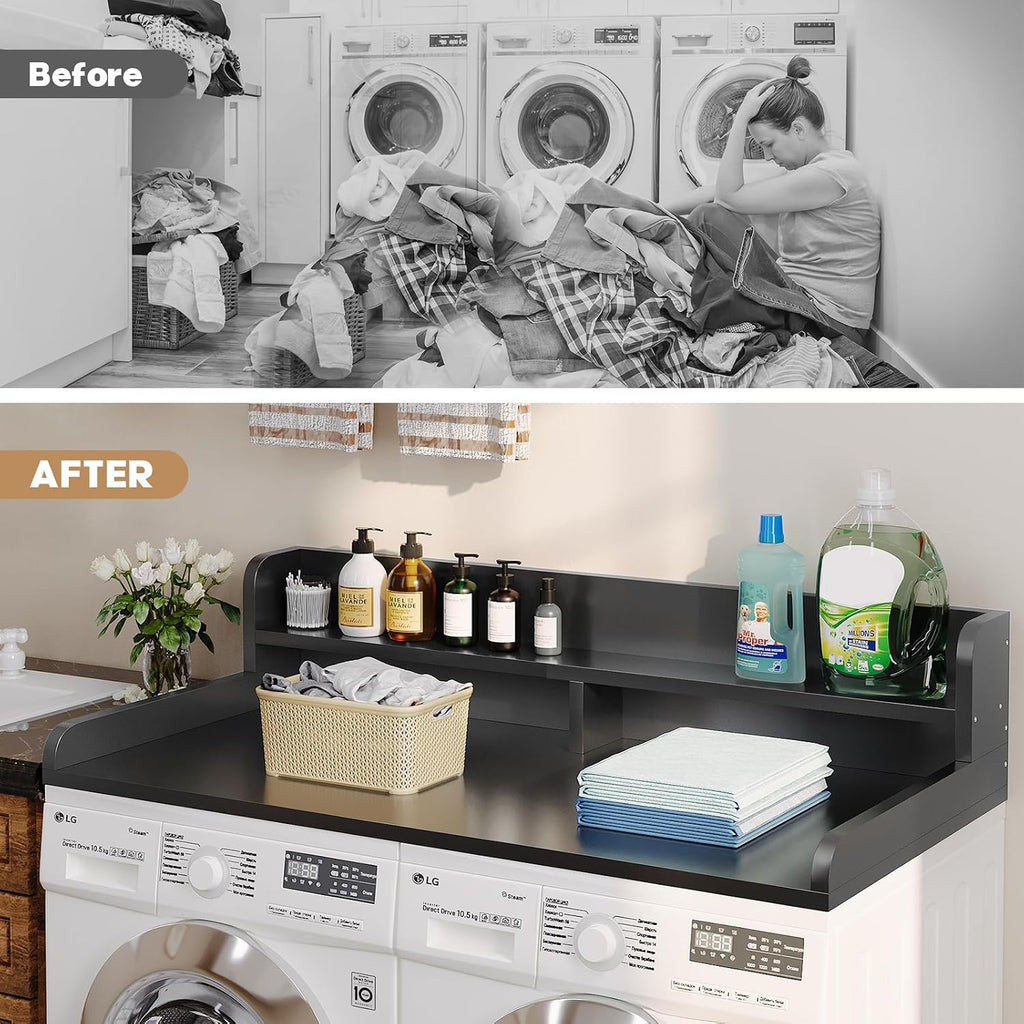 2-Tier Washer Dryer Countertop with 2.75' H Edge Rails, 58' W x 28' D Laundry Countertop for Folding Clothes, Washer and Dryer Topper with Non-Slip Pad (Black)