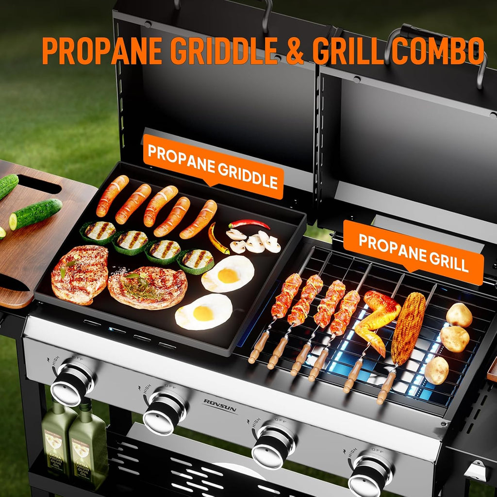 Bonnlo 2 in 1 Propane Flat Top Grill and Griddle Combo with Lid, Powerful 40,000 BTU Grills with Side Shelves & Integrated Ignition, 4 Burners Grill with Movable Wheels for Outdoor BBQ Camping Use