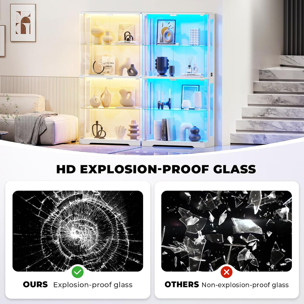 Display Cabinet with Glass Doors, 4-Tier Curio Cabinet with Transparent Full-Display Surface, 65' Glass Display Case with 3 Color Lights for Collectibles, Clear Case with Human Sensor White