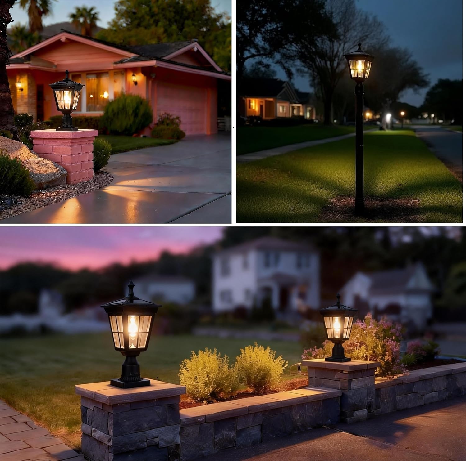 Solar Lamp Post Light, Cast Aluminium Waterproof LED Pillar Lights with Glass Outdoor Dusk to Dawn Post Light Solar Powered ST4311BQ for Pier Mount Gates Yard Pole (Black+Clear Glass)