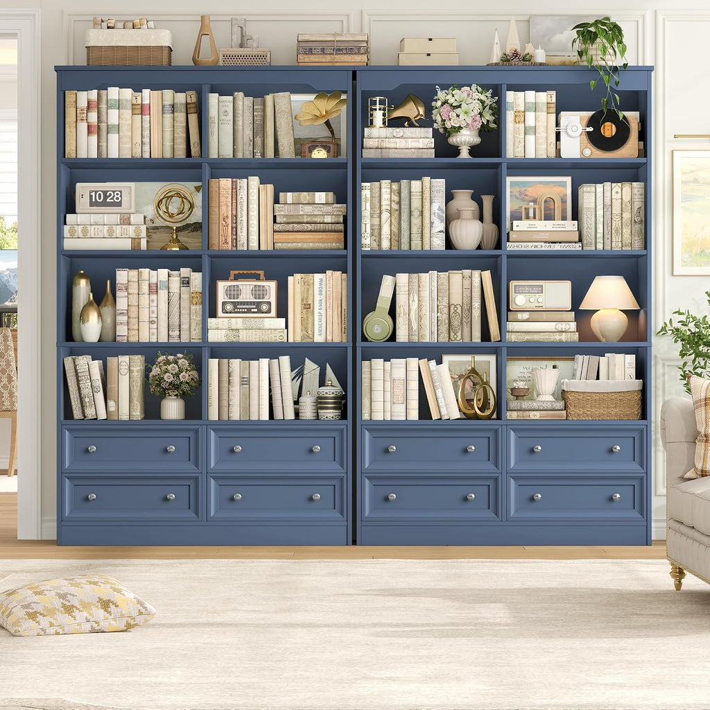 FINETONES 71' Tall Bookshelf with 4 Drawers, 6-Tier Double Wide Bookshelves and Bookcases with Storage, Blue Bookshelf Large Open Bookshelves Standing Book Cabinet for Home Office